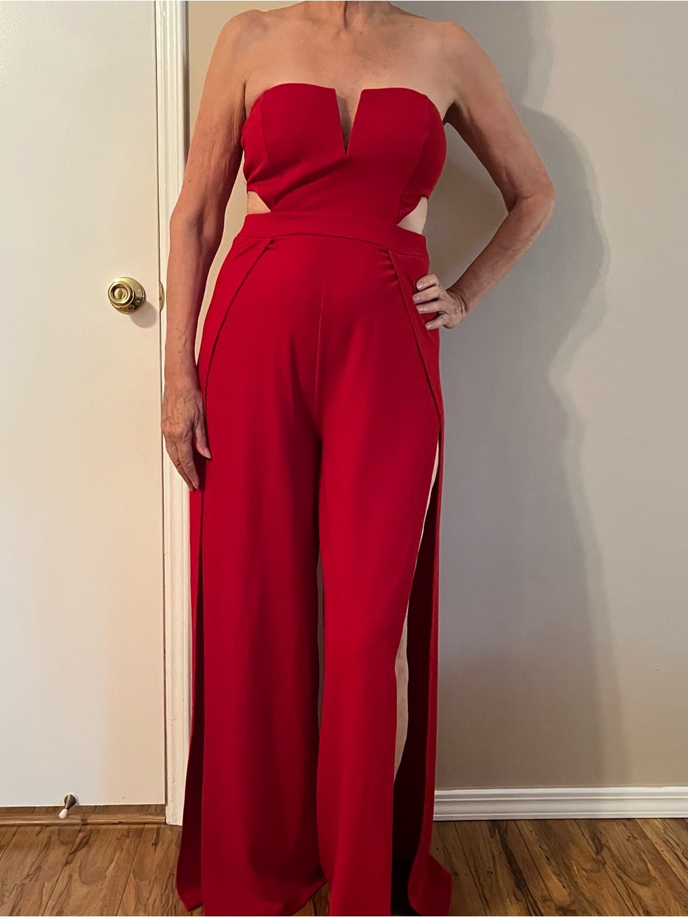 Symphony Strapless Red Cutout Wide-Leg Jumpsuit